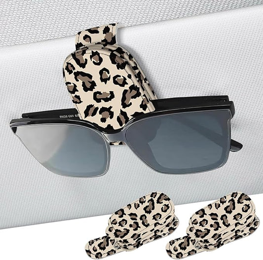 2 Pack Sunglass Holder for Car Visor, Universal Magnetic Car Sunglass Holder for Different Size Eyeglasses, Car Visor Accessories (Leopard-Yellow)
