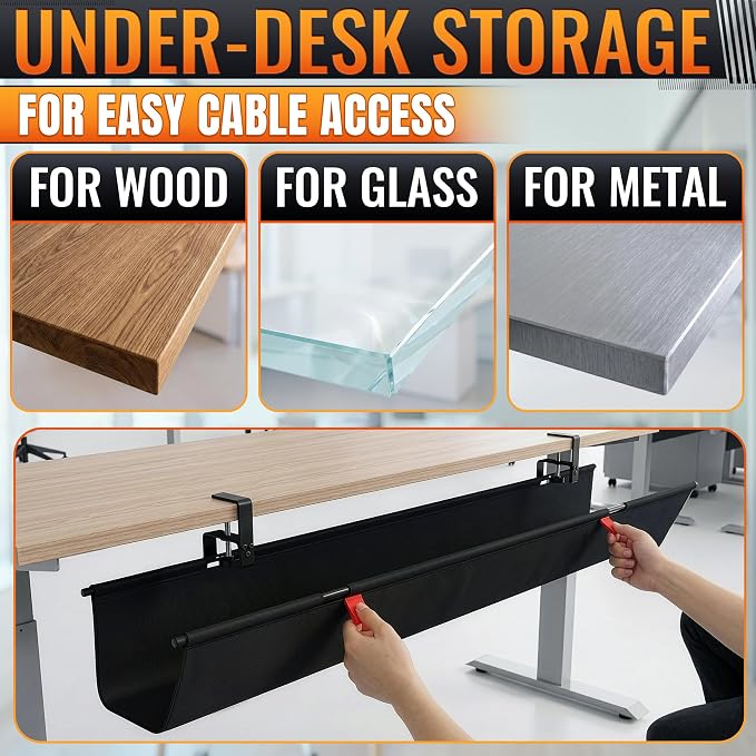 Under Desk Cable Management Tray 36" — No Drill Clamp-On Cord Organizer for Desk with Built-in Ties, Heavy Duty Metal Clamp, Foldable 600D Oxford Fabric for Home Office, WFH & Gaming PC Setup (Black)