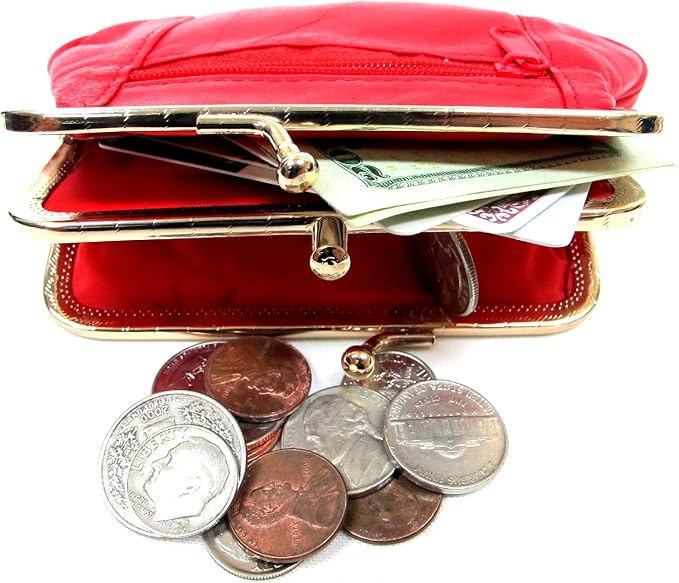 Womens Leather Mini Wallet ID Credit Cards Cash Coin Holder Case Organizer Purse with Framed & Zipper Closures - RED, (COIN03-RED)