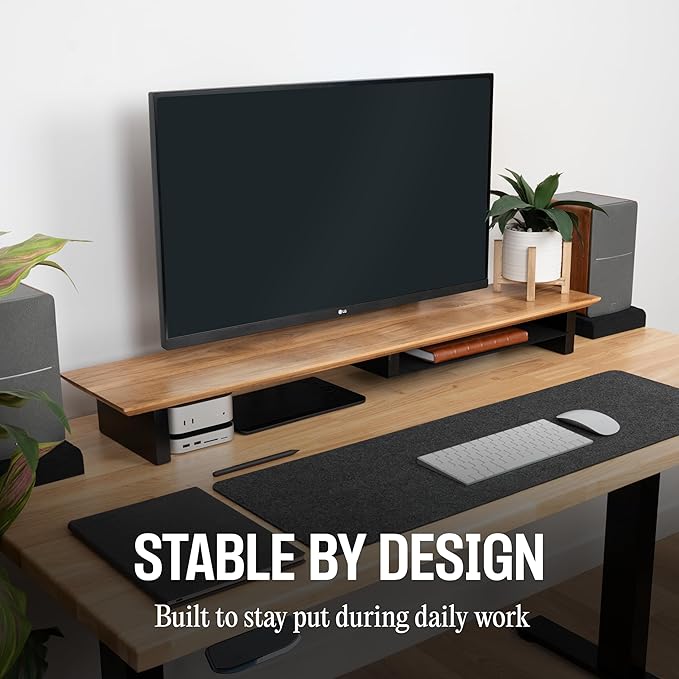 COREMINDED Solid Wood Dual Monitor Stand Riser ??43" Oak Desk Shelf for 2 Monitors with Tray & Wool Felt, Organizer for Desktop, Laptop and Office (Solid Oak)