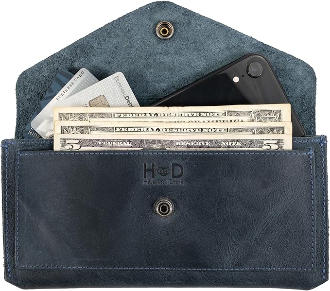 Hide & Drink, Full Grain Leather Large Female Wallet, Travel Organizer for Women, Vintage Money and Card Holder, Handmade, Slate Blue