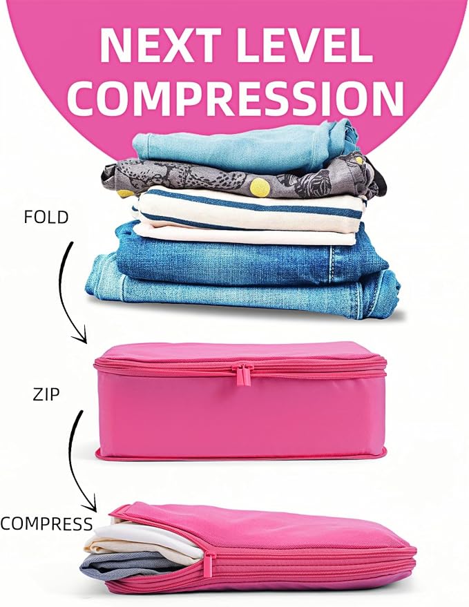 6 Set Compression Packing Cubes for 7–14 Day Travel, Rose Red | Nylon Oxford Fabric, Full Breathable Mesh, Reinforced Double-Zipper, Small to Large Size Bag, Expandable Packing System