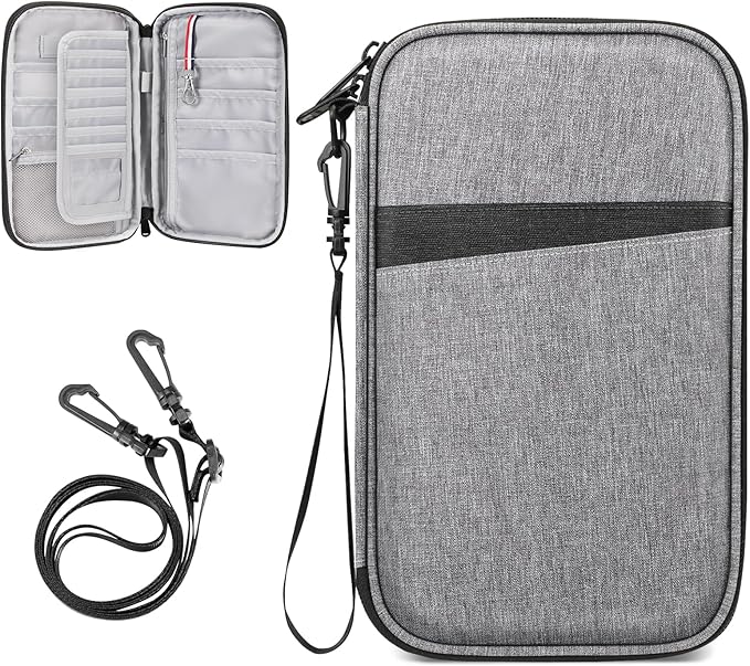 FINTIE Family Passport Holder for Travel, 6 People Big Capacity RFID Blocking Travel Document Organizer Clutch Bag with Pen Holder Keychain Credit Cards Case Cover for Women Men, Gray