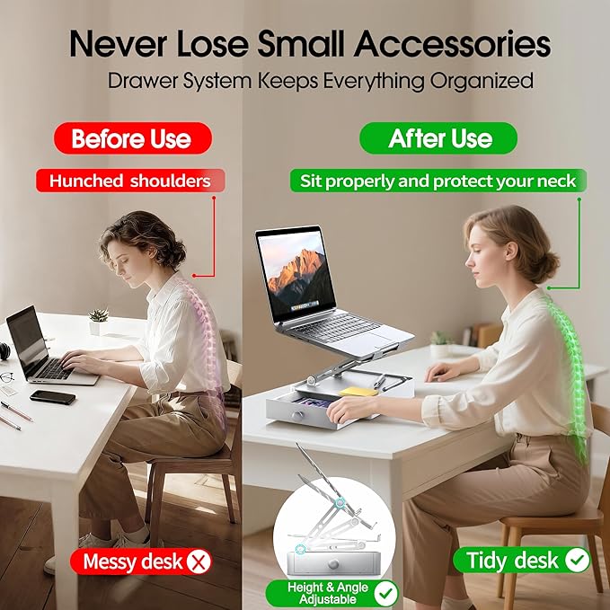 Laptop Stand with Storage Drawer, Heavy-Duty Metal Laptop Riser for Desk, Ergonomic Height & Angle Adjustment for 10–16.2″ Laptops, Silver