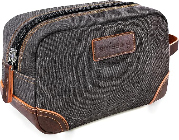 emissary Men's Canvas Travel Toiletry Bag, Leather Dopp Kit - Gray | Durable canvas & PU leather, water-resistant lining, side handle; roomy men's Dopp kit for travel & gym
