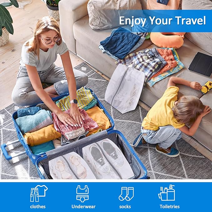 SelfTek Shoe Bags for Travel - 3 Pack 1 Size Double-Sided Zipper Shoe Bag for Men & Women, Waterproof Portable Shoe Storage Pouch with Handle, Family Travel Accessories - Medium Size