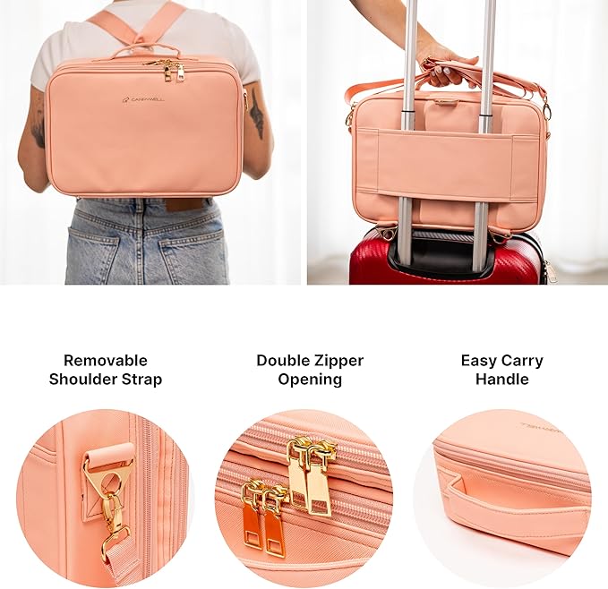 Carrywell Makeup Bag Travel Case, Not-Made In China, Hard Train Case for Cosmetics, Portable Beauty Artists Organizer, Storage Box With Adjustable Dividers For Make Up and Brushes, Medium Pink