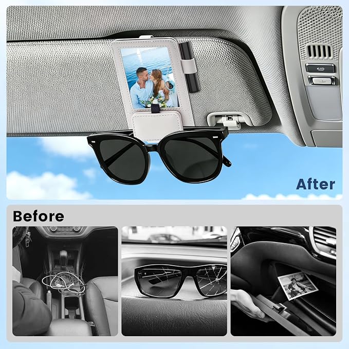 3 in 1 Sunglass & Photo Holder for Car, Car Visor Sunglasses Holder Clip, Sunglass Holder with Strong Magnetism
