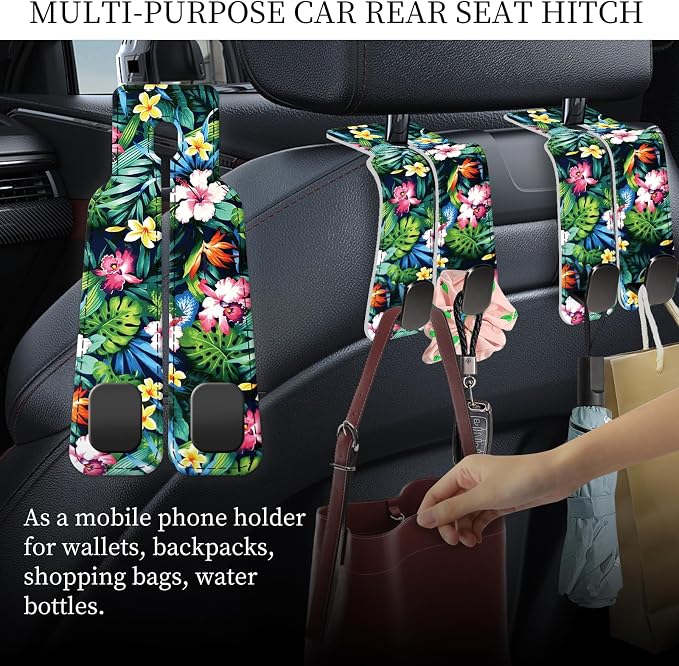 PU Leather Car Seat Hook, Storage Headrest Hanger, Cute Car Backseat Organizer, Car Hooks for Purses and Bags Tropical Hibiscus Leaves