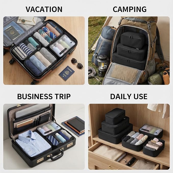 6 Set Compression Packing Cubes for 7–14 Day Travel, Jet Black | Nylon Oxford Fabric, Full Breathable Mesh, Reinforced Double-Zipper, Small to Large Size Bag, Expandable Packing System