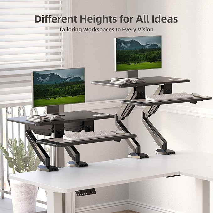 Claiks 24-Inch Sit-Stand Workstation，Innovative Space-Saving Height-Adjustable Ergonomic Desk Converter with Wide Keyboard Tray，Dual Fixation and Flexible Rotation Function, Black