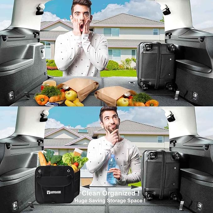 AUTOARK Multipurpose Car Trunk Organizer with Foldable Cover and Straps,Non-Slip Waterproof Bottom,Durable Collapsible Adjustable Compartments Cargo Storage,Black,AK-102