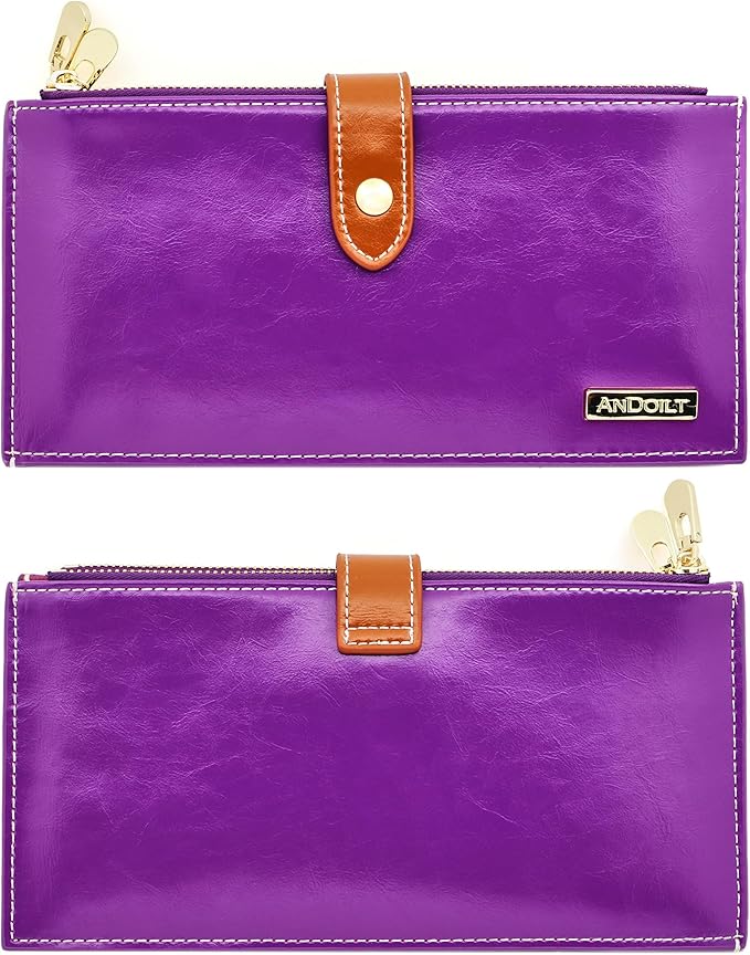 ANDOILT Women's Genuine Leather Wallet RFID Blocking Credit Card Holder Zipper Purse Cell Phone Handbag