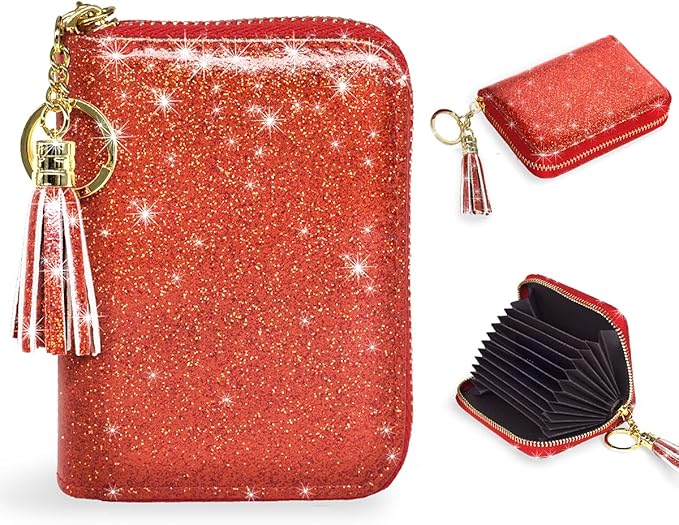 Coco Rossi Women's Small Credit Card Wallet RFID Cute Glitter Card Holder for Women, Red