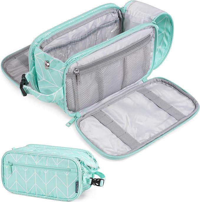 PAVILIA Toiletry Bag for Men Women, Hanging Travel Dopp Kit Organizer, PU Leather Water-Resistant Bathroom Bag for Shaving Grooming, Large Capacity Cosmetic Bag Travel Essentials, Teal Chevron