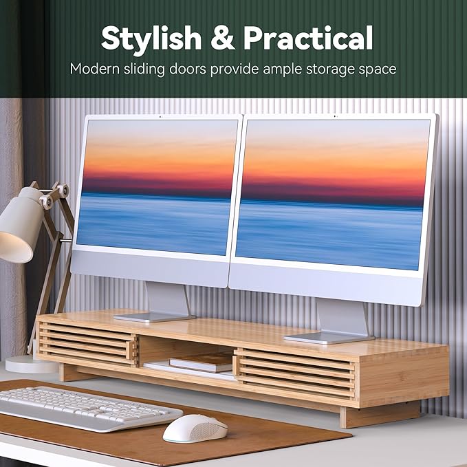 Dual Monitor Stand Riser with Sliding Door, Double Computer Laptop Stand Desk Shelf Organizer with Storage for 2 Monitors (Natural Bamboo, 38 Inch)