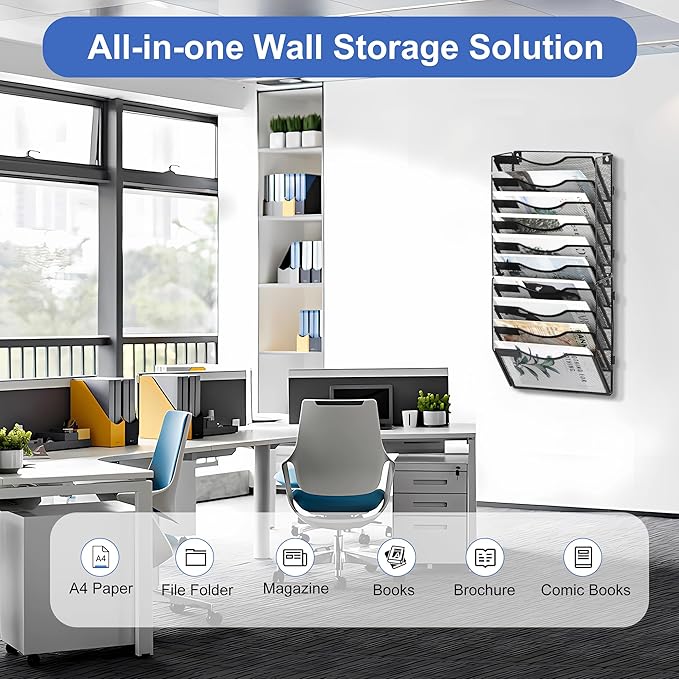 EasyPAG Wall File Organizer for Office 10 Pocket Mesh Wall Mounted Paper Organizer Hanging Folder Holder with Nametag Label for Home School, Black