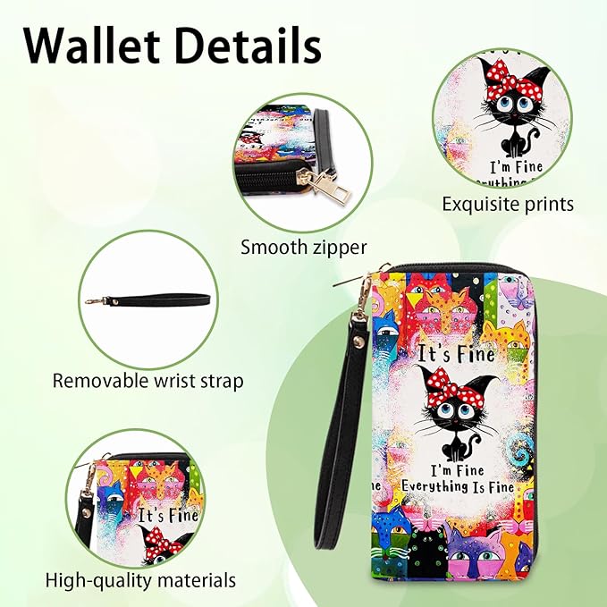 Black Cat Wallets for Women - Slim PU Leather Womens Wallet with Cash Zipper Coin Purse, Small Credit Card Holder Travel Wallet, Wristlet Wallets for Female Ladies Teen Girls Purse(Cat Lovers Gift)