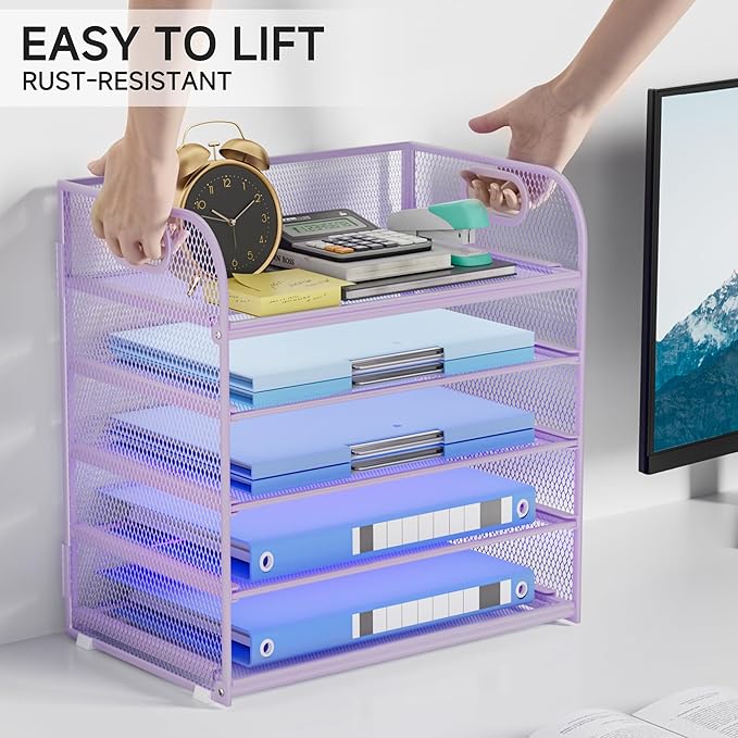 5-Tier Stackable Paper Organizer with Handle, Purple Metal Mesh Letter Tray | Elegant Desk File Sorter for Office, Home & Classroom Organization