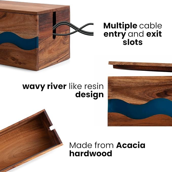 Acacia Wood & Epoxy Cable Management Box, 16X 6 X 5.5 Cable Hider Box, Cable Organizer Box Ideal for Under Desk Cable Management, Router Wires, Surge Protectors and adaptors | Turquoise
