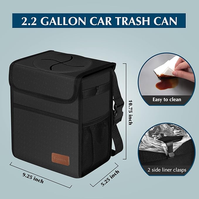 Femuar Leak Proof Car Trash Can with Lid - Waterproof Automotive Garbage Bin for SUVs, Collapsible and Portable Car Trash Bag, Black