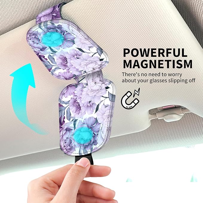 Leather Magnetic Sunglass Holder for Car Sun Visor, Cute Eyeglass Ticket Card Hanger Clip, Universal Auto Interior Accessories for SUV Pickup Truck Purple Floral