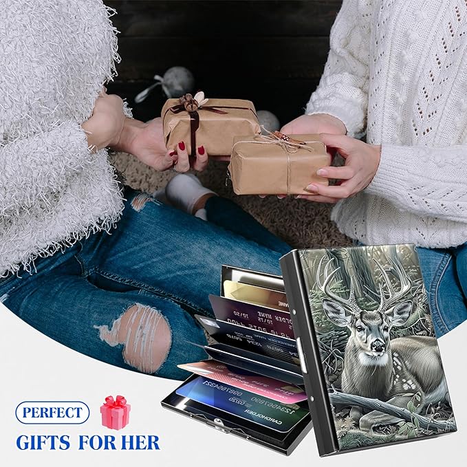 RFID Blocking Credit Card Holder - Slim Metal Wallet for Women & Men,Deer Hunter Tree Design Stainless Steel Business Card Case,Compact Pocket Organizer for Travel & Daily Use