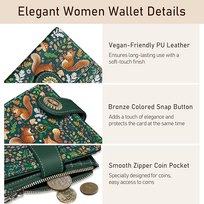 Kelvoris Cute Squirrels Small Rfid Women Wallet Bifold Zipper Coin Pocket PU Leather Compact Cash Credit Card Holder Travel Wallet for Female Ladies Teen Girls 1 ID Window 10 Card Slots