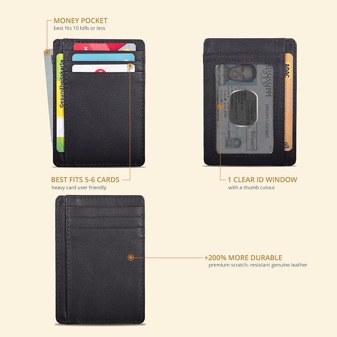 Real Leather Slim Minimalist Wallet for Men and Women -RFID Blocking Front Pocket Thin Credit Card Holder Stylish Wallets (Nappa Brown)