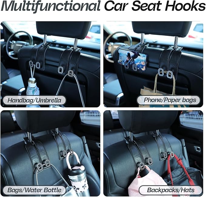 Car Headrest Hooks Universal Car Purse Hook Premium Leather and Alloy Twin Hook Car Seat Back Storage Hanger Hook for Purse Bags Cloth Drink Durable Holder Car Accessories (BH09-Black-Black)
