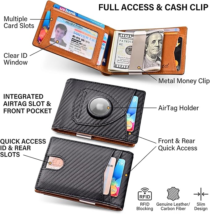 kinzd Slim Wallet with Money Clip RFID Blocking Minimalist Bifold Wallet for Men Genuine Leather Front Pocket Card Holder