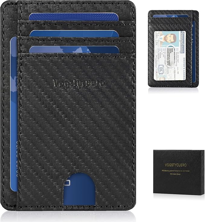 Slim Minimalist Front Pocket Thin Wallet RFID Blocking 100% Genuine Leather Credit Card Holder for men Women, with Gift Box-Carbon Fiber Leather Black