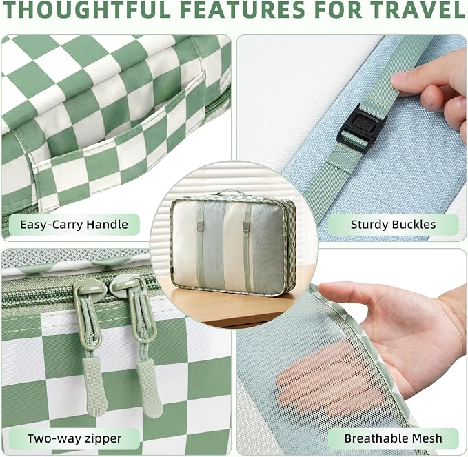 BAGAIL 8 Set Packing Cubes Luggage Packing Organizers for Travel Accessories-Matcha checkered