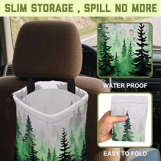 Car Trash Bag Misty Green Pine Forest Leak-Proof Waterproof Car Garbage Bag with Drawstring Foldable Canvas Trash Bin with Adjustable Buckle for Car Accessories