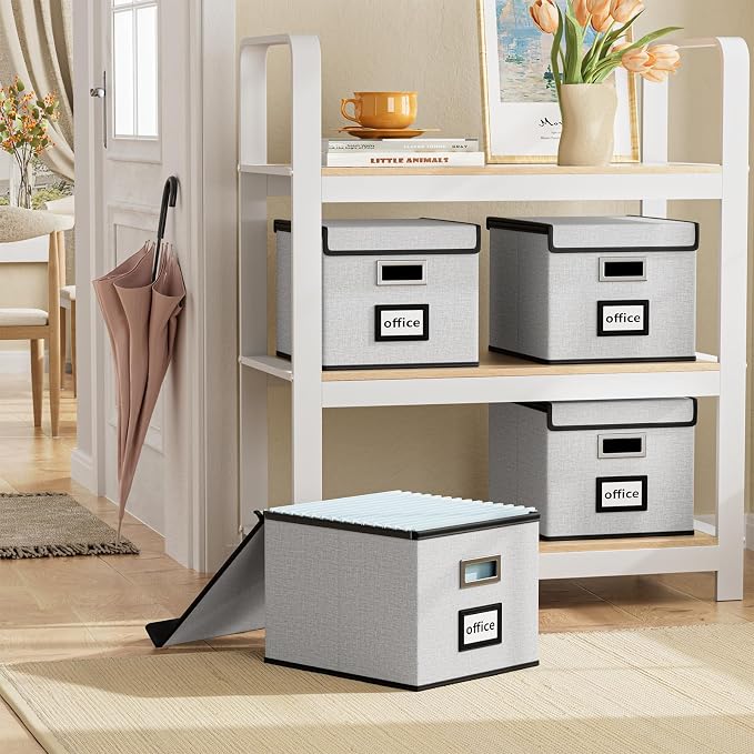 File Organizer Box with Lid, Collapsible File Folder Organizer for Office Document Storage, Filing Box with Plastic Slide for Letter Size Hanging File Folders(1 Pack, Light Grey)