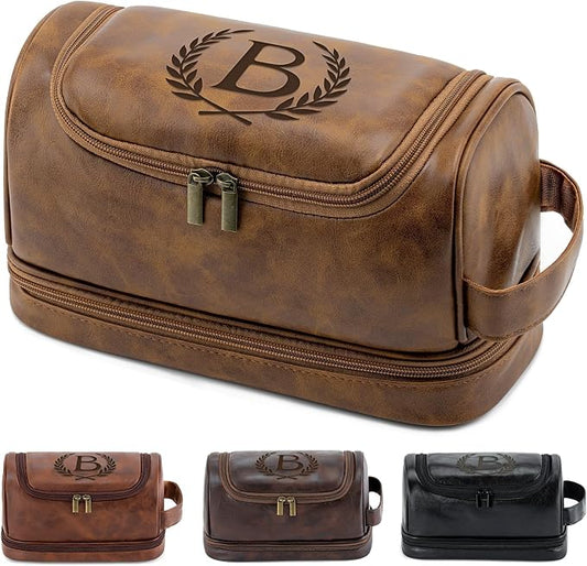 Personalized Mens Toiletry Travel Bag Groomsmen Gifts Best Man Proposal Gifts Bachelor Party Favor, Waterproof PU Leather Shaving Bag for Toiletries Accessories Travel Essential, Light Brown B