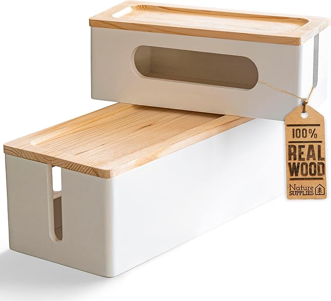NATURE SUPPLIES Set of 2, Wood Cable Management Boxes, Large and Medium Cord Organizer to Hide Wires and Power Strips for TV, Desk, Computer, Router, Cable Storage and Home Office Organization, White