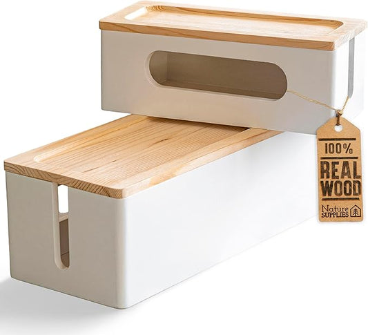 NATURE SUPPLIES Set of 2, Wood Cable Management Boxes, Large and Medium Cord Organizer to Hide Wires and Power Strips for TV, Desk, Computer, Router, Cable Storage and Home Office Organization, White