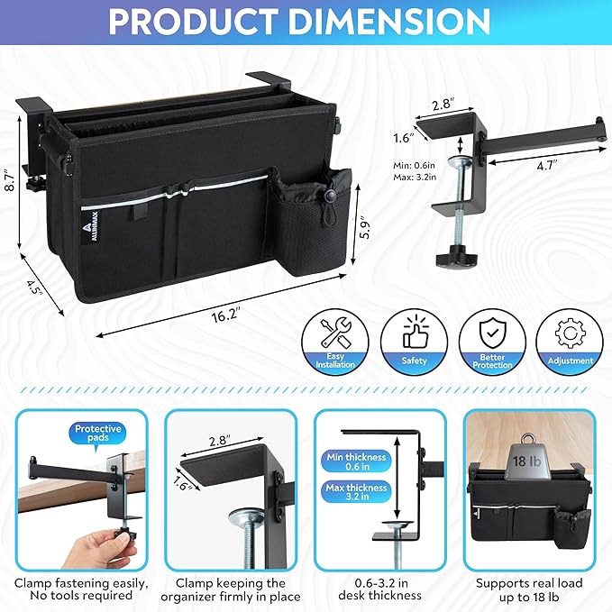 Side Desk Laptop Holder for Up to 3 Laptops, Side Desk Organizer with Adjustable Divider & Bottle Pocket, Soft-Lined Interior, Clamp Mount Side Desk Storage, Fits 0.6″-3.2″ Flat Edge
