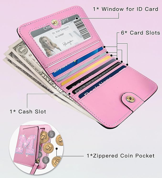 COSHAYSOO Initial Letter Wallet Small RFID Blocking Birthday Appreciation Easter Gifts for Sister Teenager Girls Women Tween Preteen Preppy Trendy Cute Stuff Travel Essentials Pink M