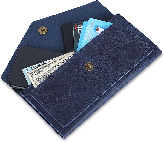 Blue Leather Cash Envelopes for Money Pouch Currency Holders - Soft Leather Money Bag Mobile Holder for Travel - Genuine Leathers Wallets for Women Money Bag - Travel Money Pouch Cash Holder