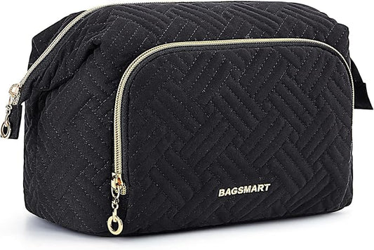 BAGSMART Travel Makeup Bag, Cosmetic Bag Make Up Organizer Case,Large Wide-open Pouch for Women Purse for Toiletries Accessories Brushes Black