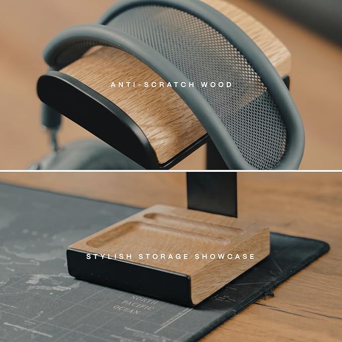COREMINDED Universal Headphone Stand for Desk, Solid Wood Gaming Headset Stand, Heavy Duty Wooden Headphones Holder, Compatible with Airpods Max and More