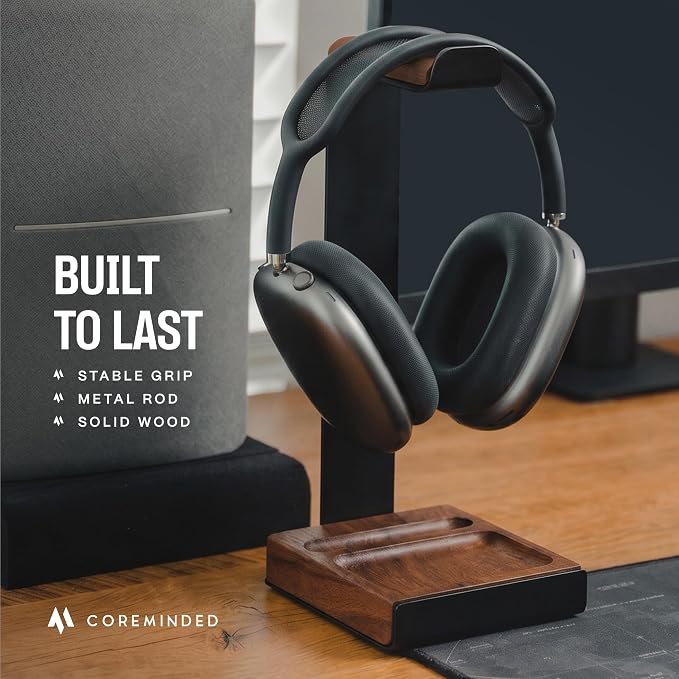 COREMINDED Universal Headphone Stand for Desk, Solid Wood Gaming Headset Stand, Heavy Duty Wooden Headphones Holder, Compatible with Airpods Max and More