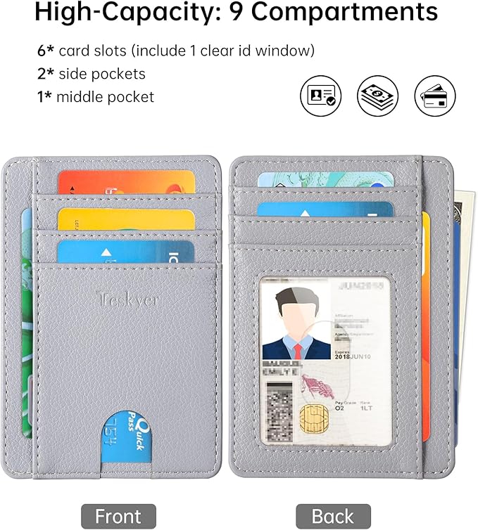 Teskyer Slim Wallet for Men, Minimalist Front Pocket RFID Blocking Leather Wallet Credit Card Holder for Men & Women