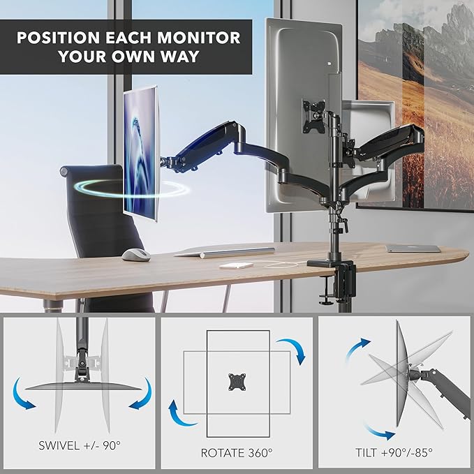 Mount-It! Triple Monitor Mount, 3 Monitor Desk Mount with Gas Spring Arms, Fits 13??2 Inch Screens up to 17.6 lbs per Arm, VESA 75 & 100, Clamp or Grommet Base, USB-A & C Ports, Black
