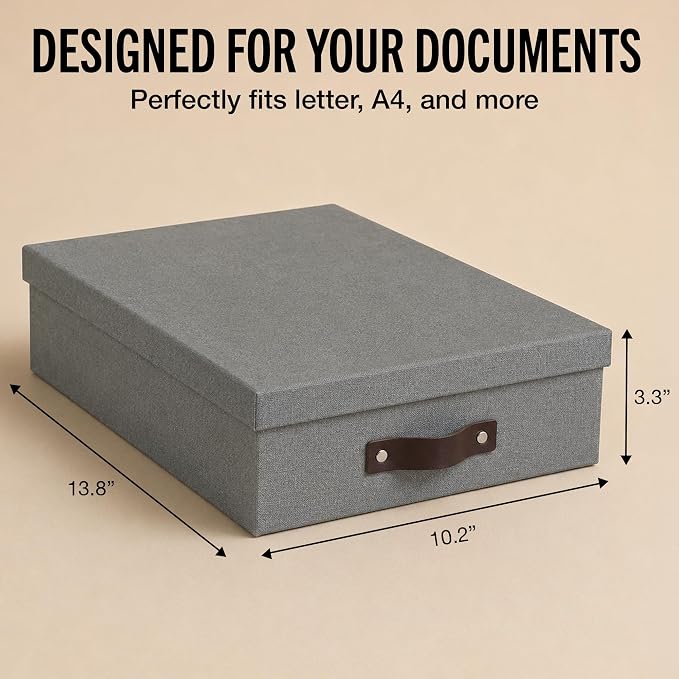 Bigso Oskar Canvas Fiberboard Document Letter Box - File Organizer Box for Important Paperwork - Document Storage with a Lid & Leather Handle - 3.3 in x 10.2 in x 13.8 in - Gray