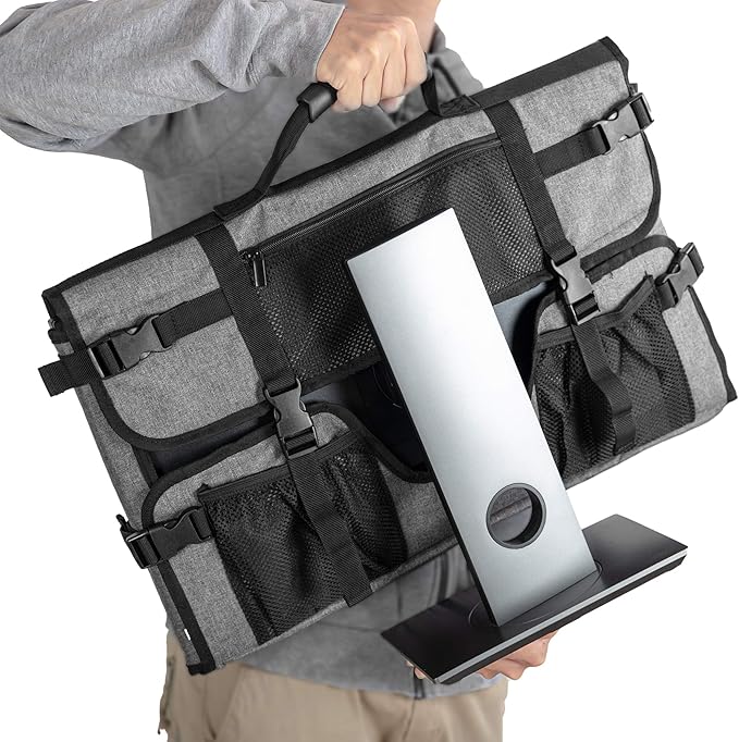 CURMIO 24 Inch Monitor Carrying Case, Universal 24" Computer Monitor Bag with Rubber Handle and Pockets, Gray (Patented Pending)