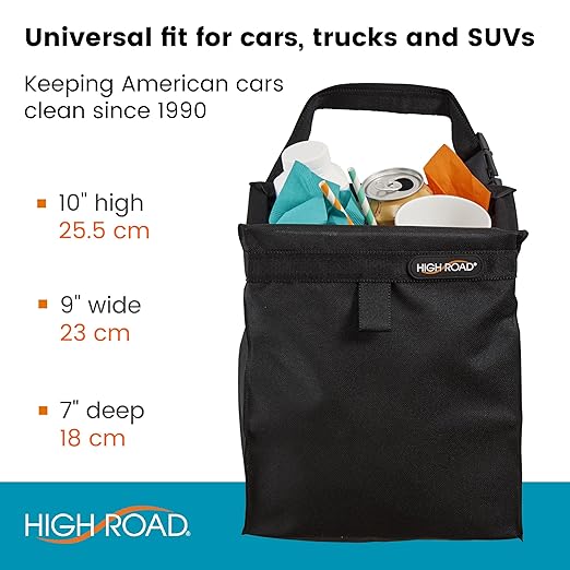High Road TrashStash Hanging Car Garbage Bag with Push-Close Lid and Waterproof Bin for Car, SUV and Truck Seat Backs - Holds 3 Gallons of Car Trash (Black)