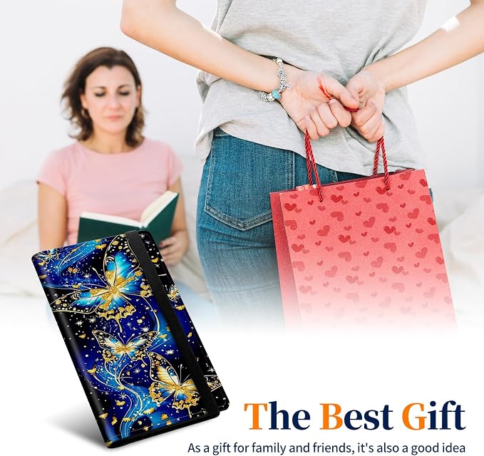 Premium PU Leather Checkbook Cover for Men & Women,RFID Blocking Slim Check Book Holder with Duplicate Check Divider & Pen Holder,Fits Standard Personal Checks,Blue Gilded Butterfly